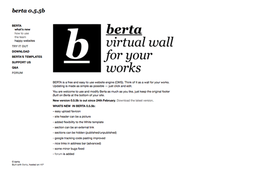 Screenshot of Berta's homepage